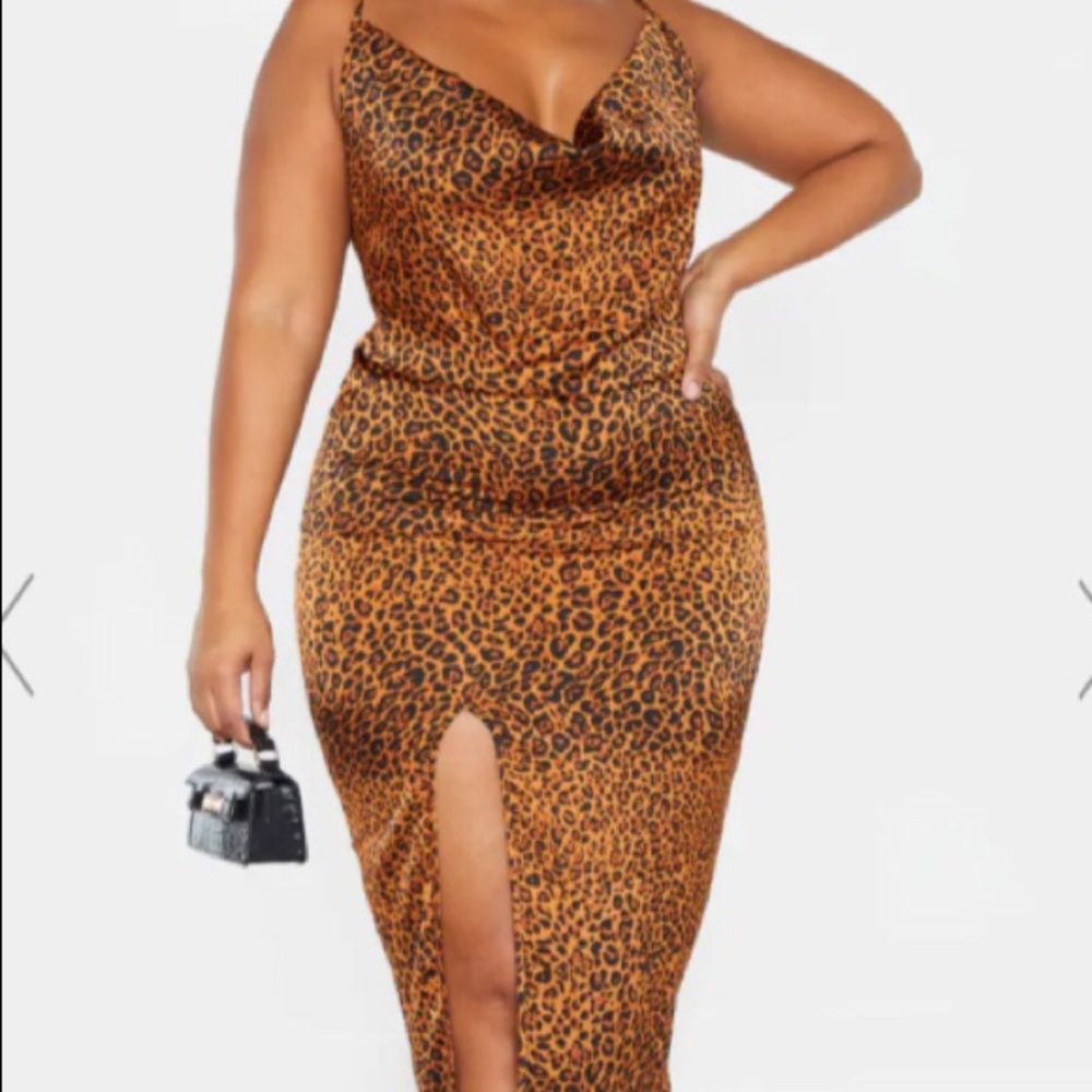 PLUS LEOPARD PRINT STRAPPY SATIN COWL MIDI DRESS